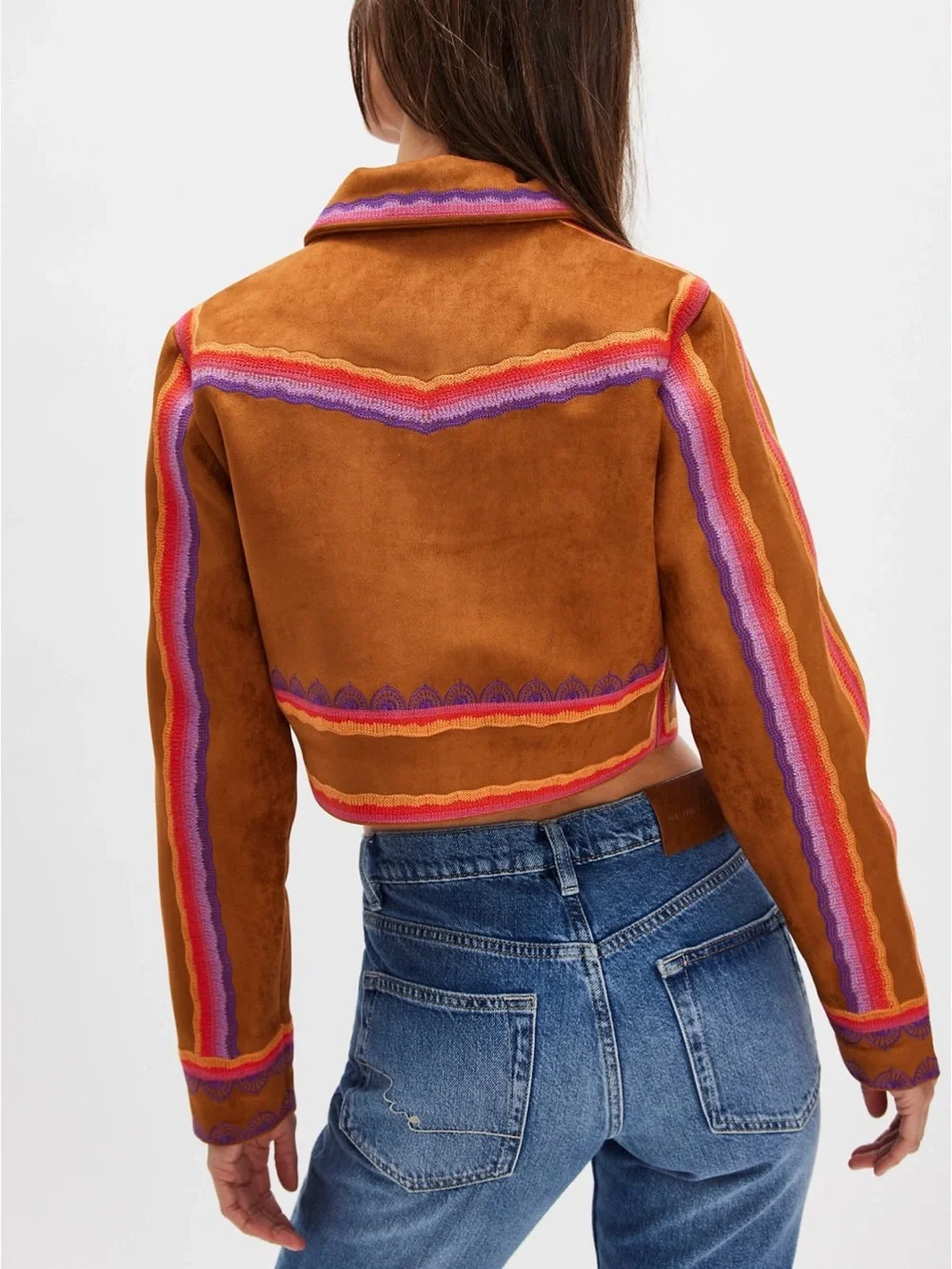 MOTHER Brown Suede Cropped Jacket with Pink & Purple Trim - Picture 3 of 9